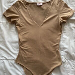 Pink Lily Tan V-Neck Bodysuit
